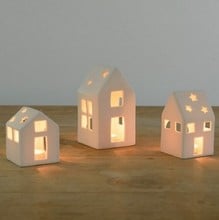 White Ceramic House Tea Light Holders - Set of 3 by Sia