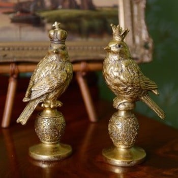 Antique Gold Resin Birds with Crowns by Gisela Graham