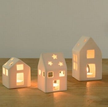 White Ceramic House Tea Light Holders - Set of 3 by Sia