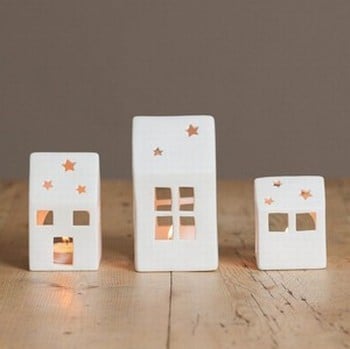 White Ceramic House Tea Light Holders - Set of 3 by Sia