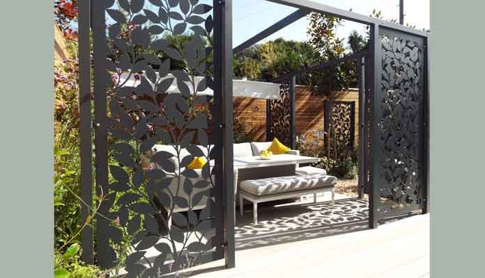 ARC-832 Bespoke Modern Pergola with Awning and Leaf Screens - Image courtesy of Fuchsia Green Ltd