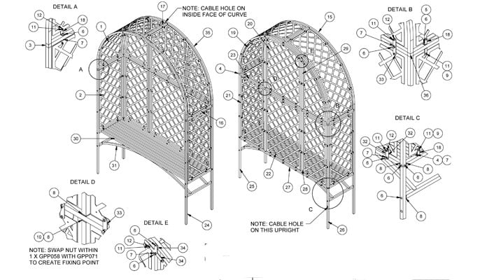 Latticed Arbour with Fitted Bench CAD Drawing 2