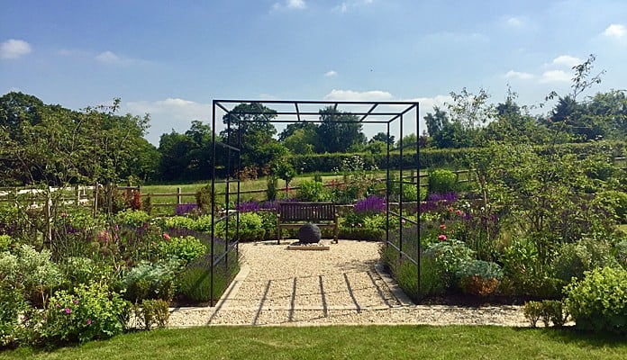 Daisy Barn Garden Square Pergola with climbing roses and clematis