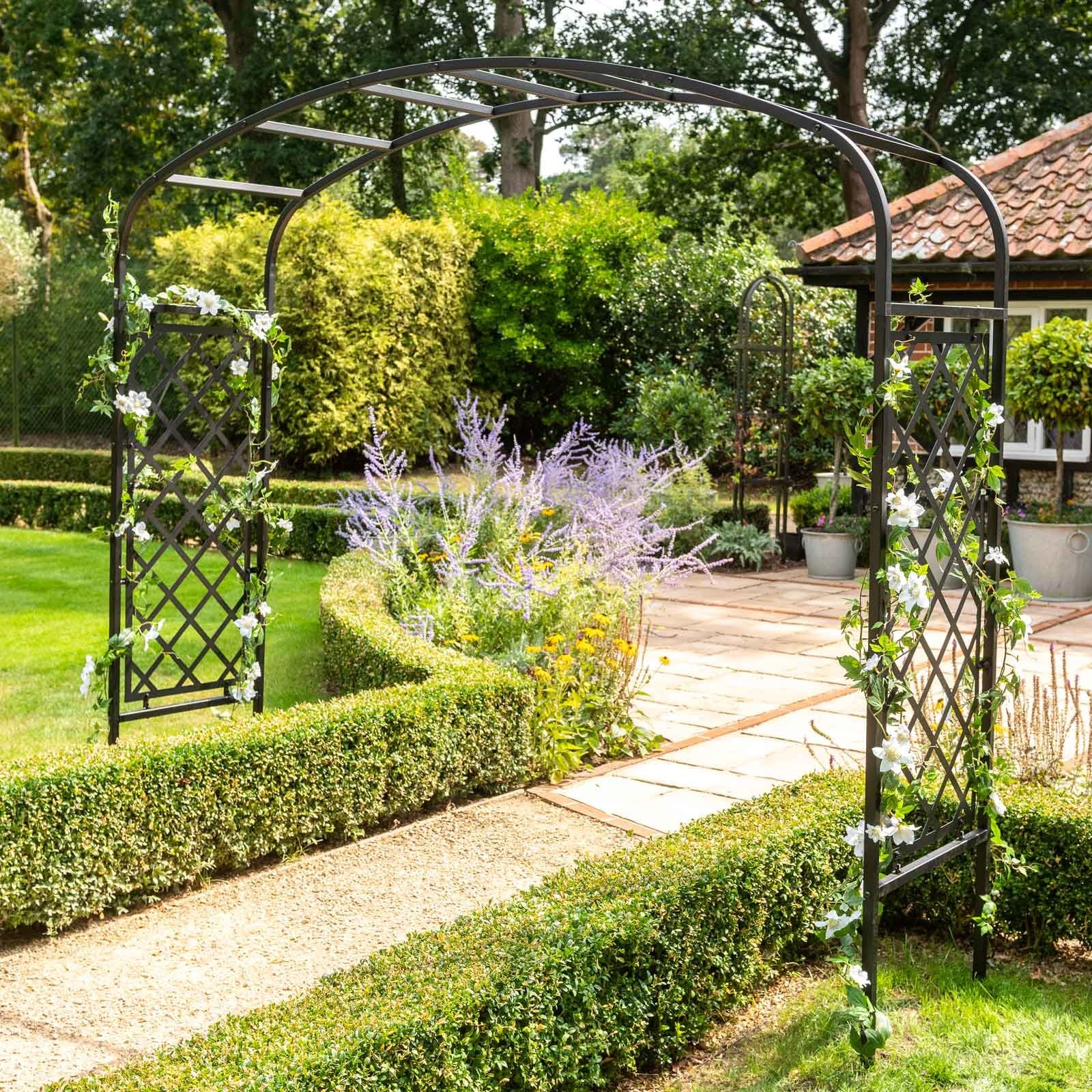 Black Traditional Half Lattice Garden Arch Flower Climber -  Powder Coated Steel - 10 year guarantee - Harrod Horticultural