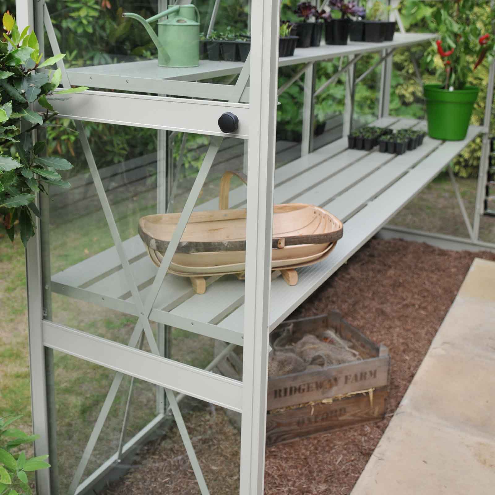 Integral Greenhouse Staging Olive Green Harrod Horticultural