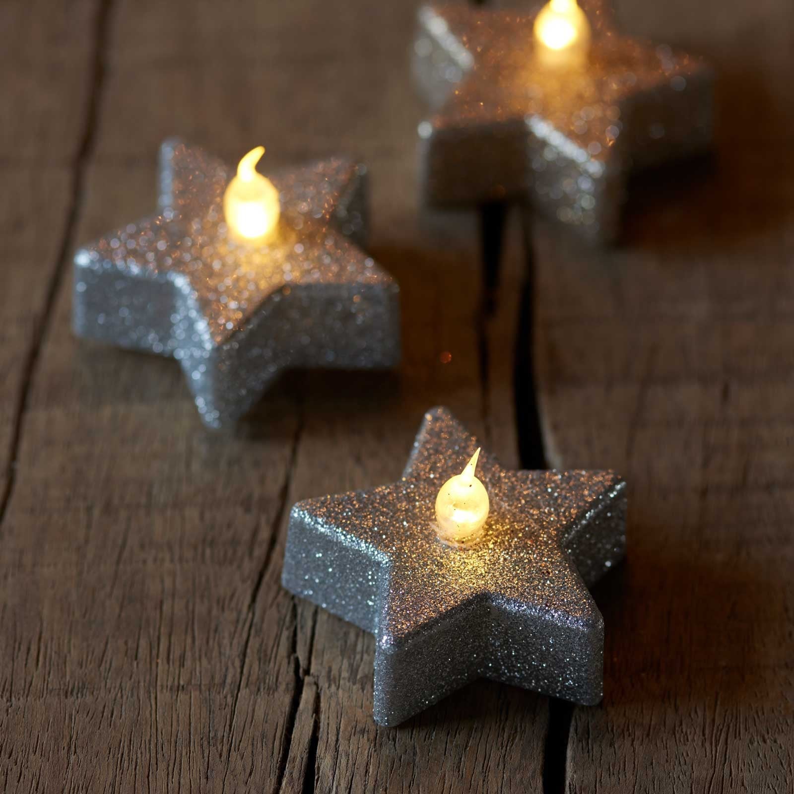 Star LED Silver Glitter Tea Lights (Set of 6) Harrod Horticultural